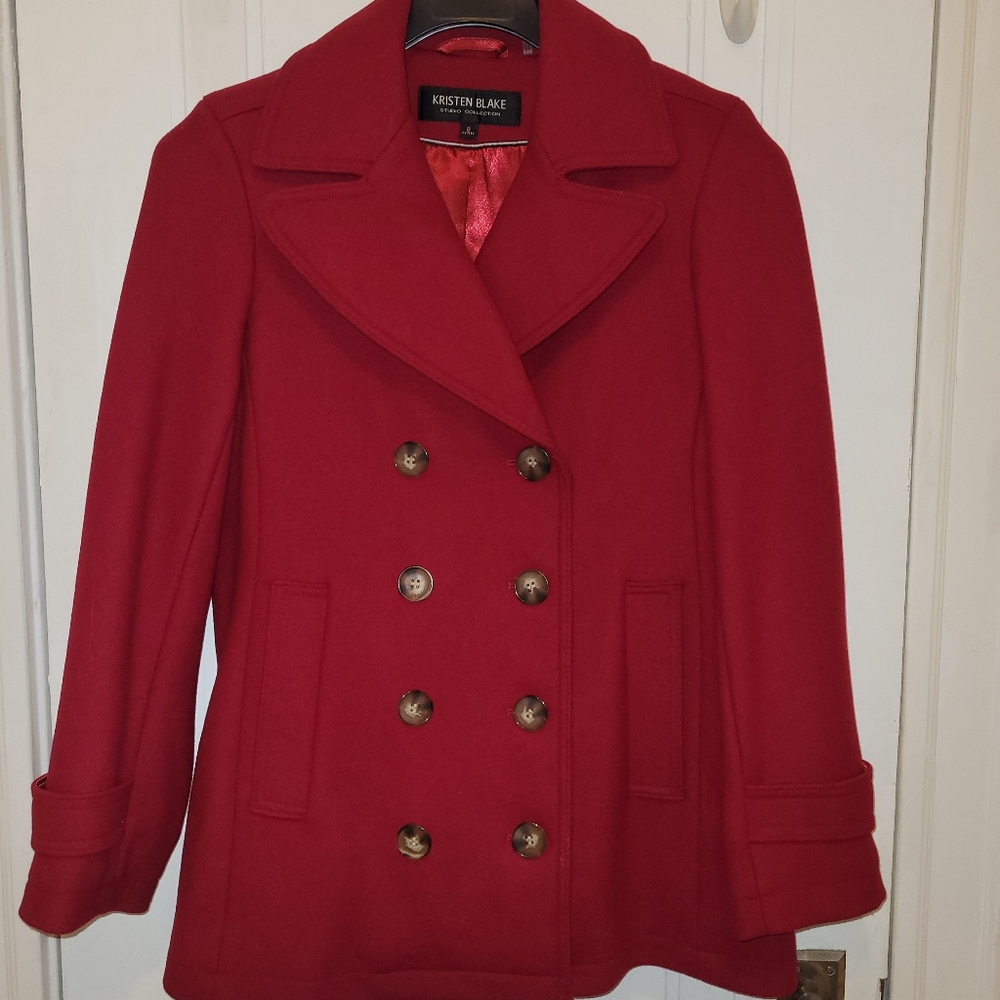 Kristen Blake wool blend red pea coat, size 8 petite.